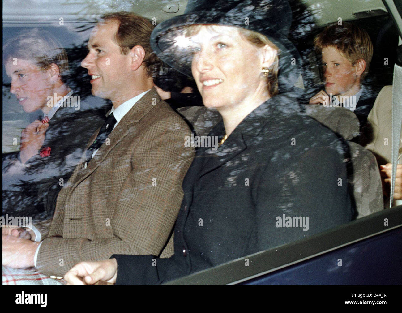 Prince William Prince Harry Prince Edward Sophie Rees Jones August 1998 in car going to Crathie Kirk Balmoral the day before the anniversary of Princess Diana s death Stock Photo