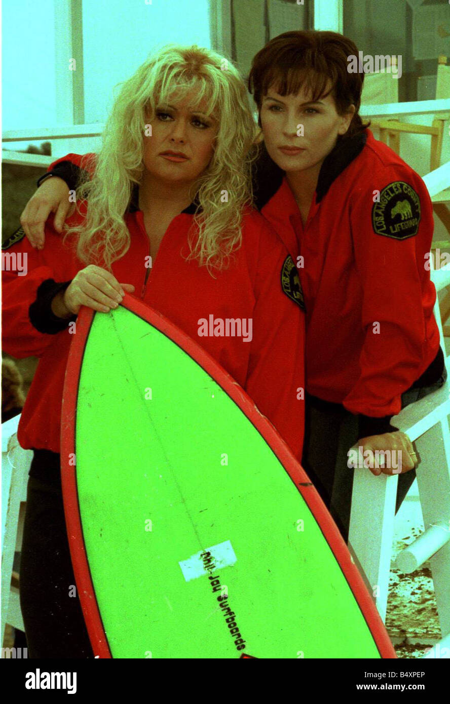 Dawn French and Jennifer Saunders on Baywatch set in Somerset filming for new television series of French and Saunders Stock Photo