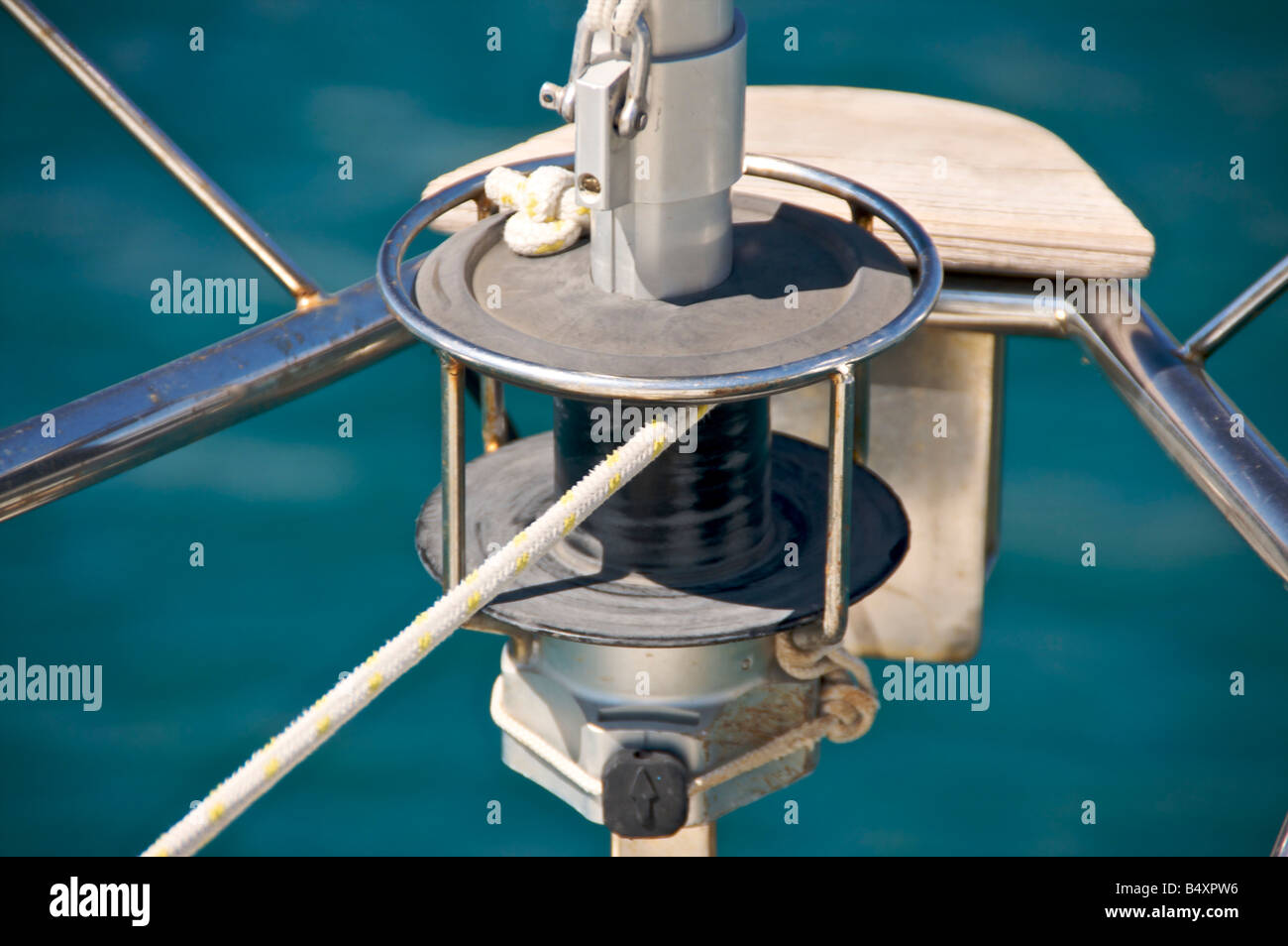 pulley for ropes on board a yacht Stock Photo