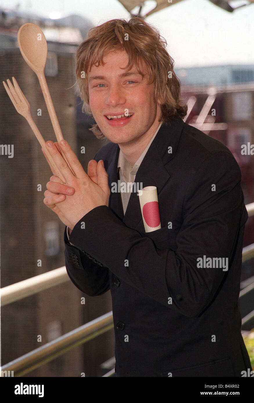Celebrity Chef Jamie Oliver May 1999 launching The City and Guilds future 100 project in London today Stock Photo