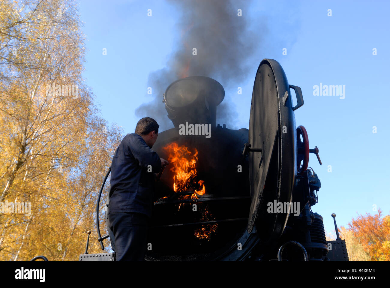 Steam tank engine railway open smokebox with fire inside