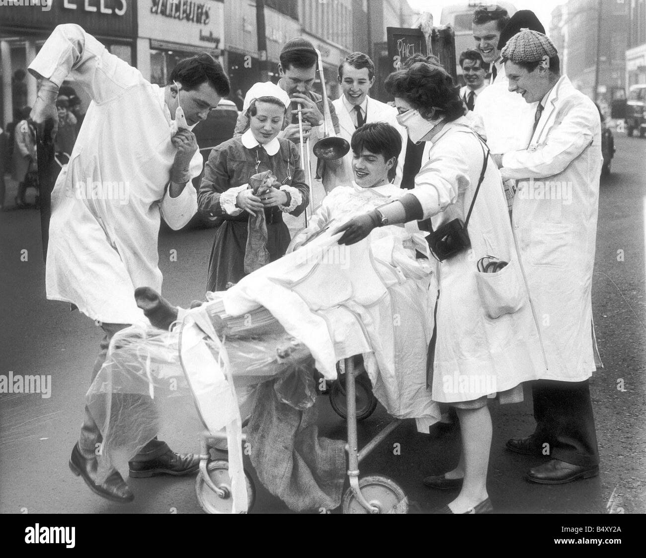 Students performing open air operations during Rag Week in October 1963