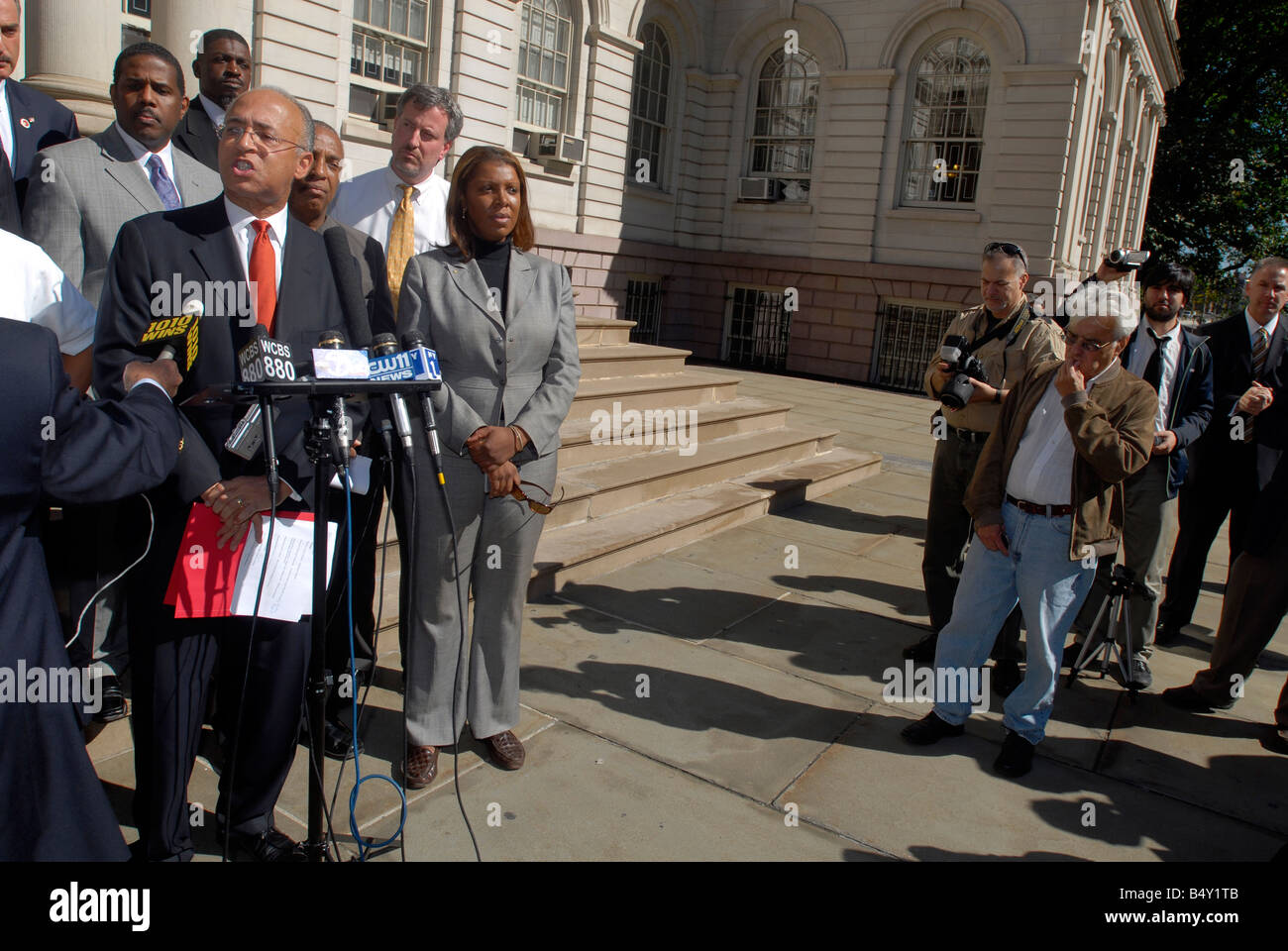 Elected officials on the steps of New York City Hall on Friday October 10 2008 at a news conference Richard B Levine Stock Photo
