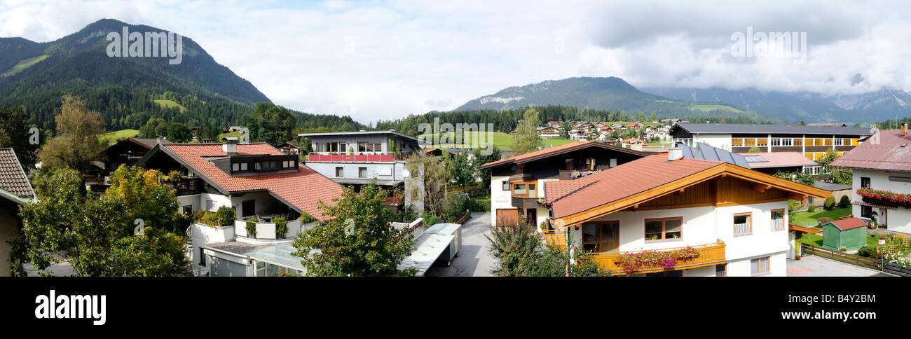 A stitched panorama of the village of Soll and the Wilder Kaiser mountain range. Stock Photo
