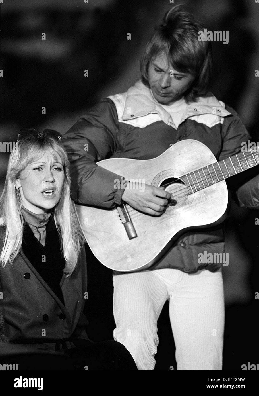ABBA February 1979 Abba the 1970s Swedish pop group consisting of Benny Frida Bjorn and Anna who won in the 1974 Eurovision song contest with the song Waterloo OPS Bjorn and Anna in Switzerland recording a video 24 2 1979 Stock Photo