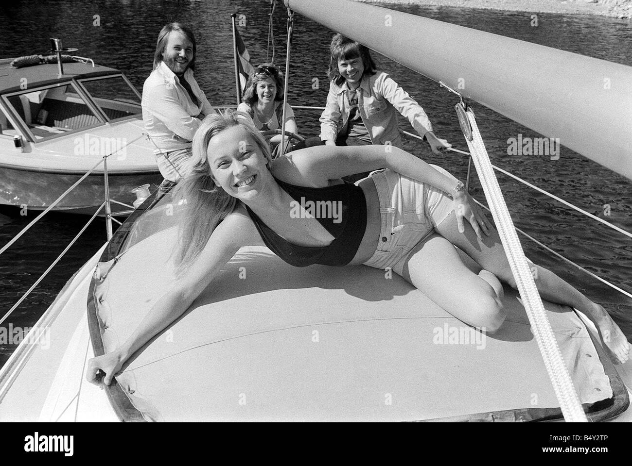 Abba Swedish Pop band April 1974 On a boat 29 4 1974 Stock Photo