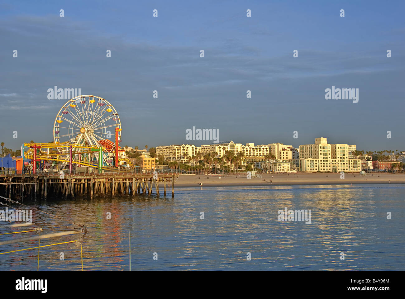 Santa Monica Pier California, CA, USA, US Pacific Park Ferris Wheel, amusement park, Roller Coaster Lowes Beach Hotel Stock Photo