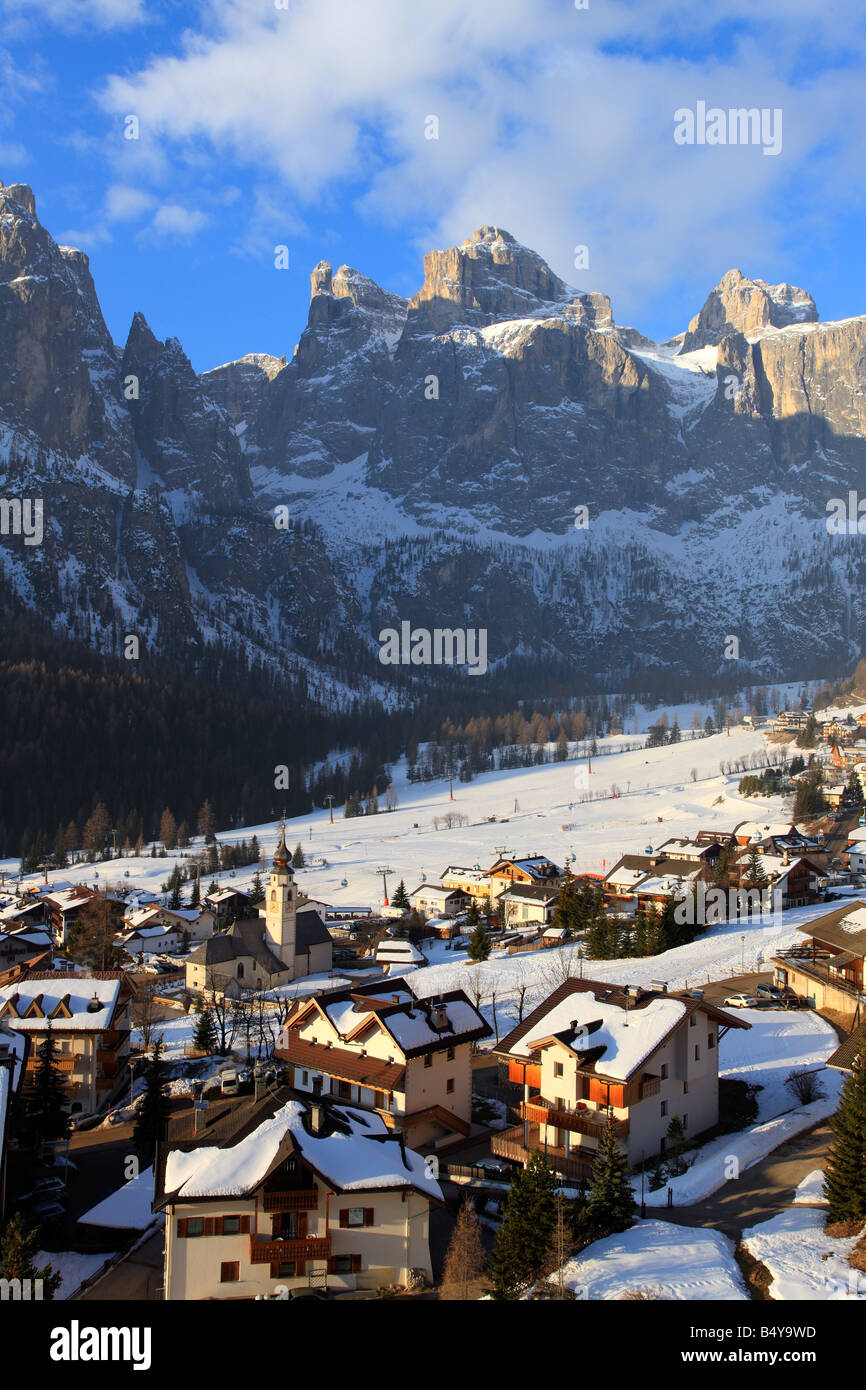 Early morning in ski resort of Colfosco, Dolomites, Italy Stock Photo