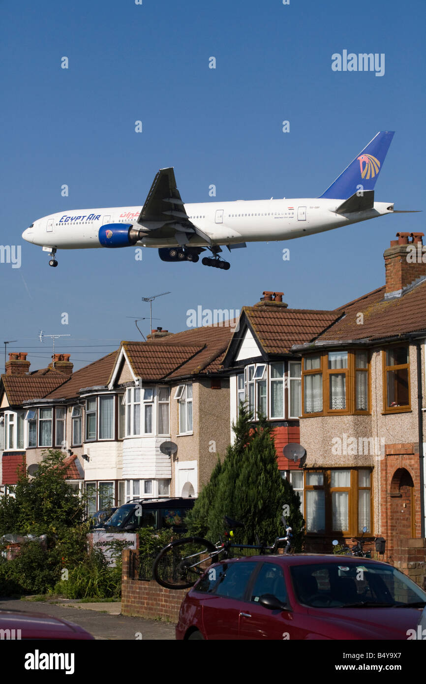 Egyptair Boeing 777 200 SU-GBP plane landing at London airport. (41) Stock Photo