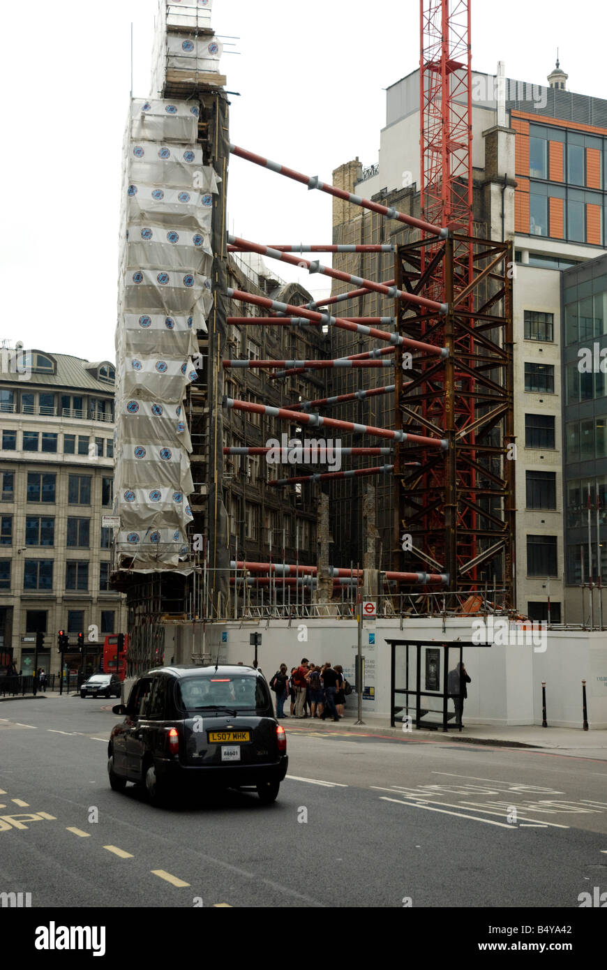 Building facia held up with metal props London Stock Photo