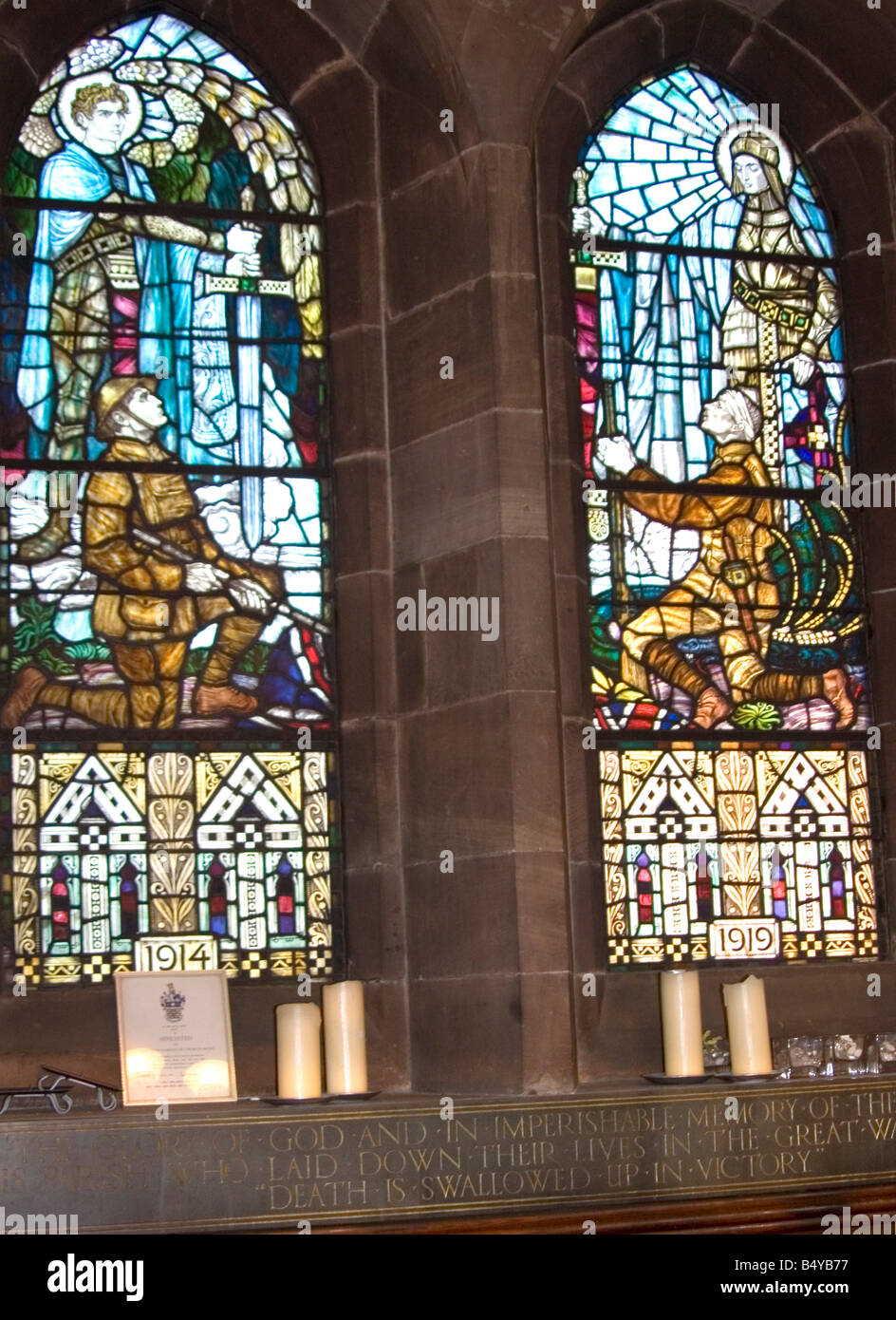 The Parish Church of St Mary and St Helen, Neston, World War 1 Memorial Window Stock Photo