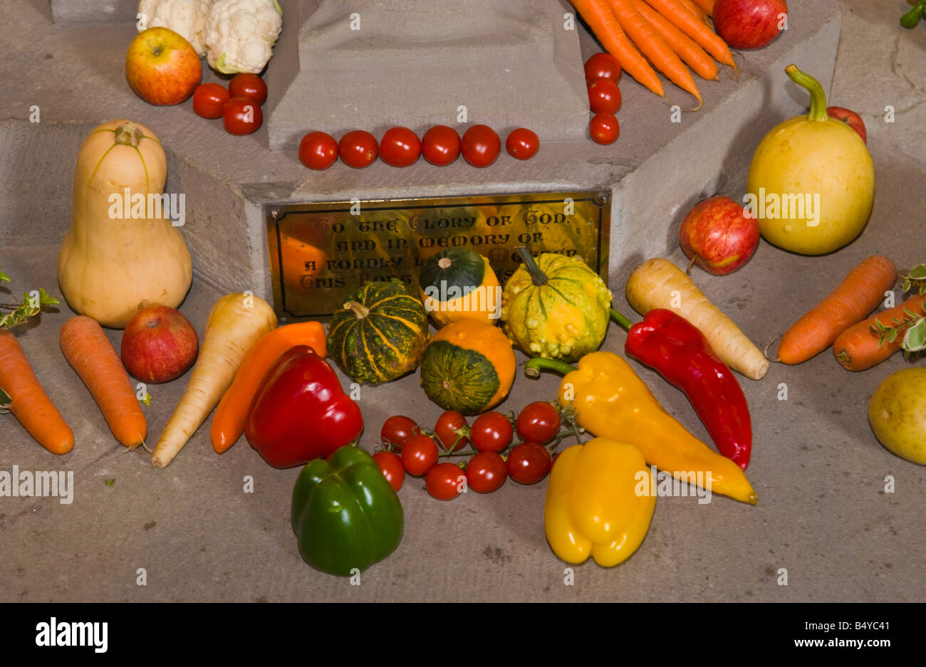 Part of Harvest Festival display at St Marys Priory Church Abergavenny Monmouthshire South Wales UK Stock Photo