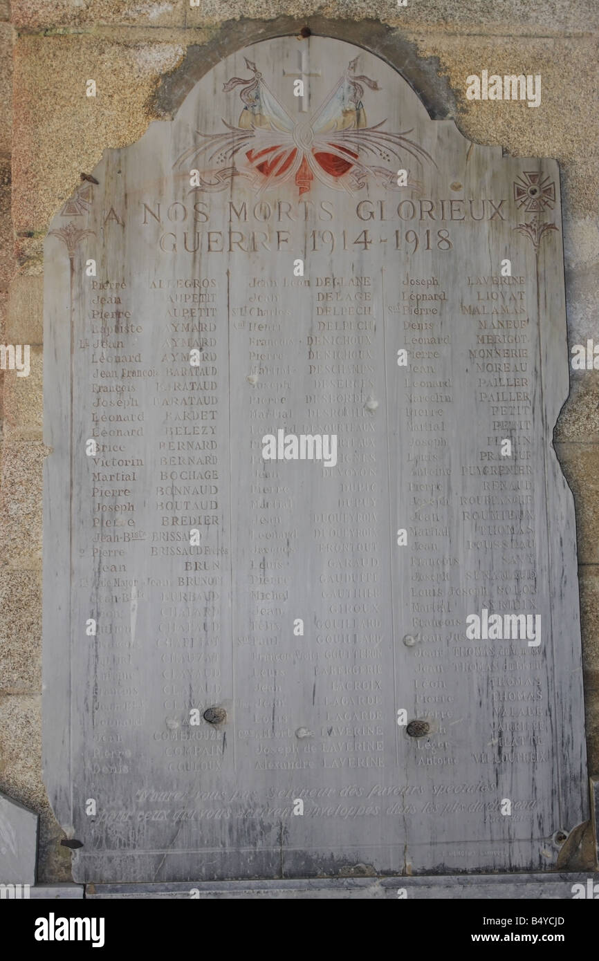 Bullet Holes in the 1st World War Memorial Plaque Inside the Chruch of Oradour sur Glane Stock Photo