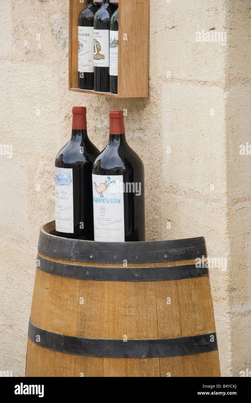 3l wine bottles on a wine cask saint emilion france adobe RGB Stock