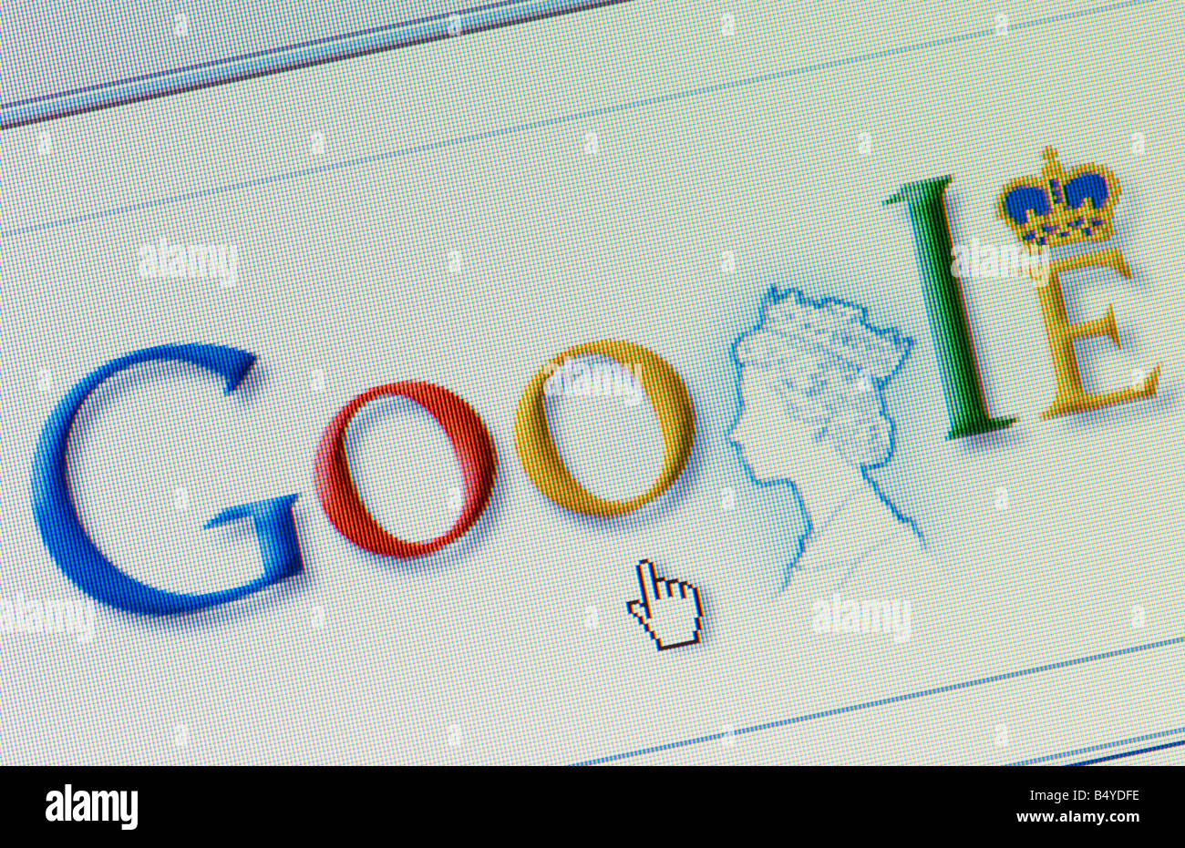Macro screenshot of Google search engine logo incorporating image of Queen Elizabeth II to mark her visit to the company s UK HQ Stock Photo