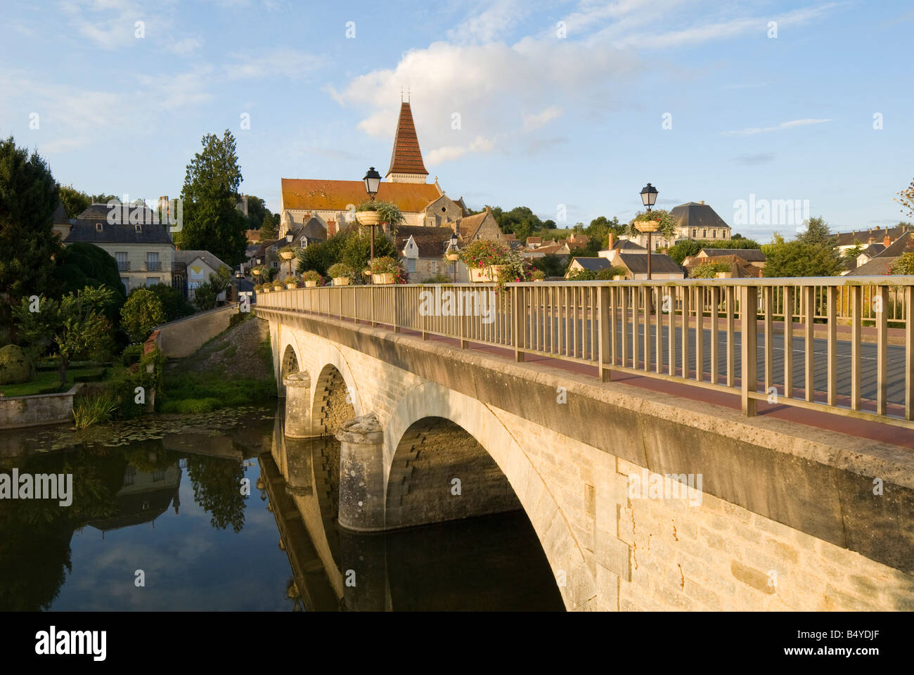 Road bridge across river in town of Preuilly-sur-Claise, sud-Touraine, France Stock Photo