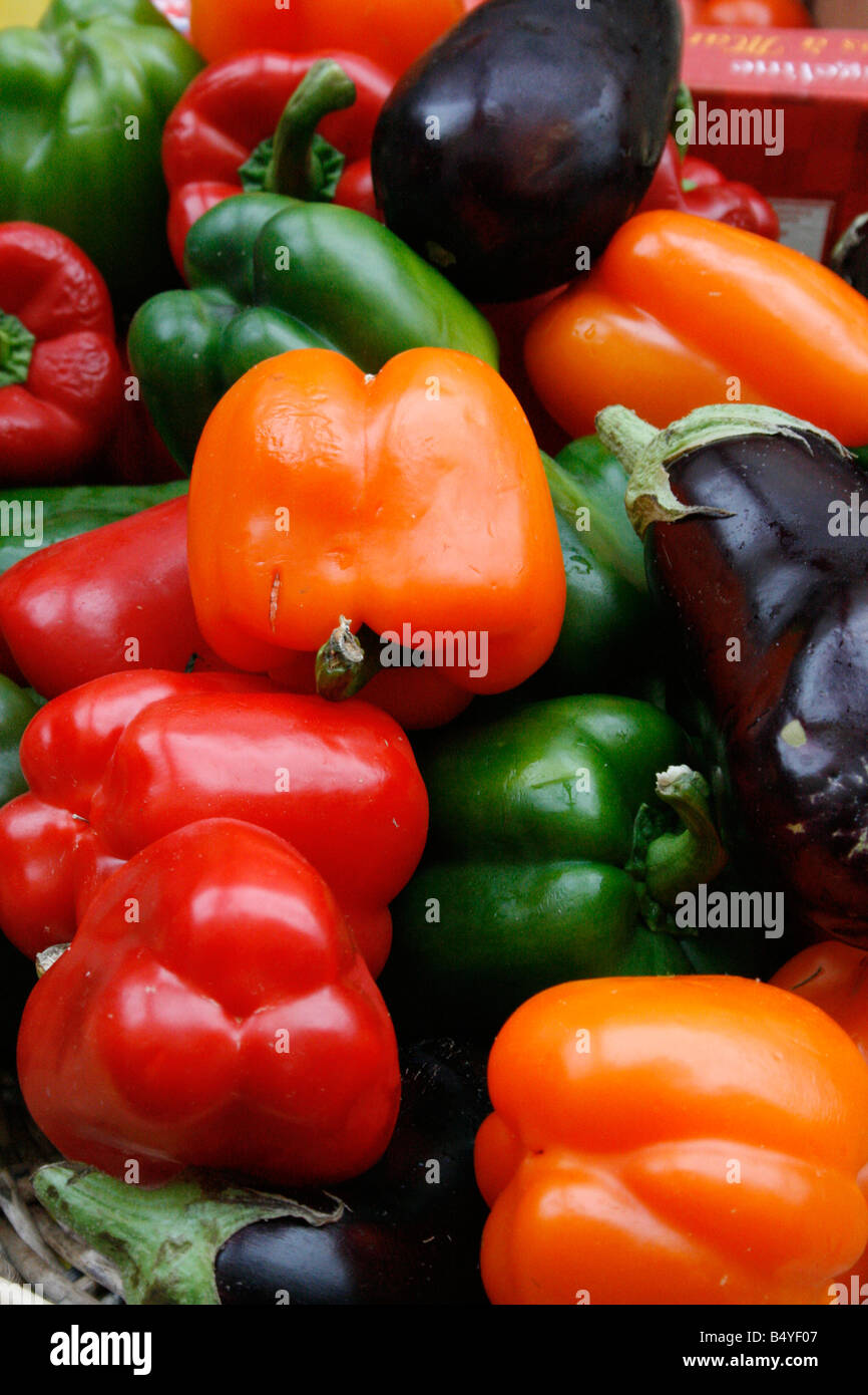 Colourful peppers for sale in Senlis market held every Tuesday Stock Photo