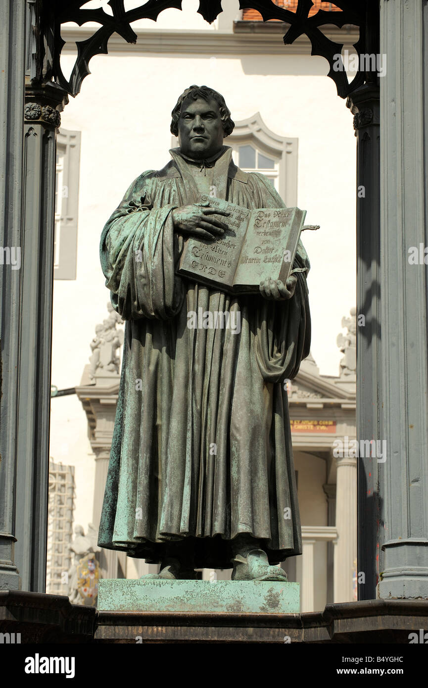 Martin Luther statue on the market place in Wittenberg, Germany. Stock Photo