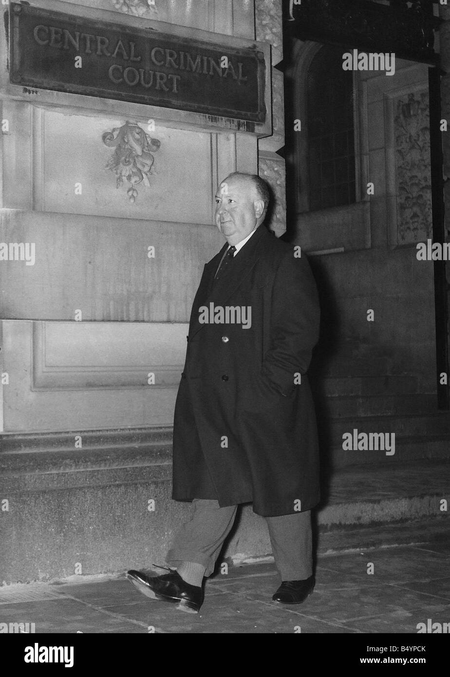 Alfred Hitchcock film producer and director January 1959 Walking along