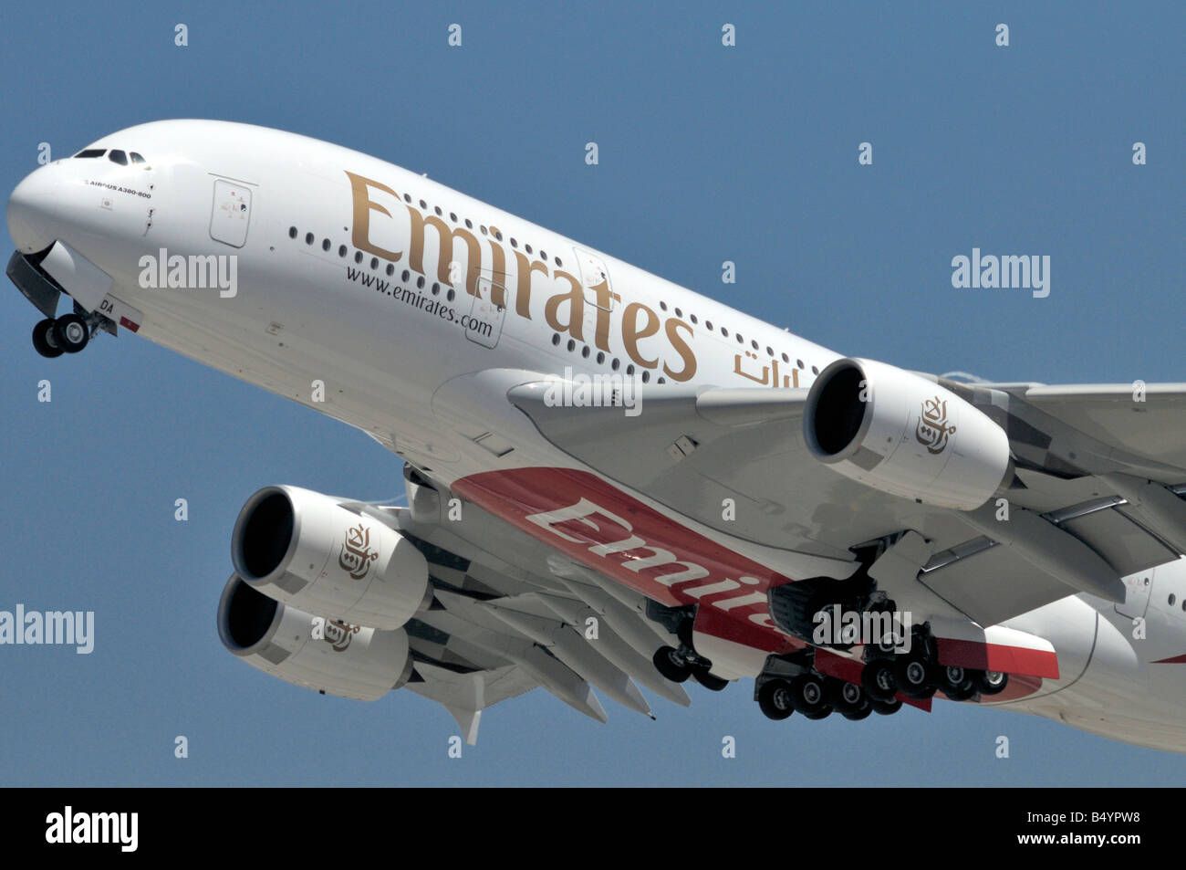 Emirates A380 Airbus super jumbo jet takes off from the southern runways of LAX Stock Photo