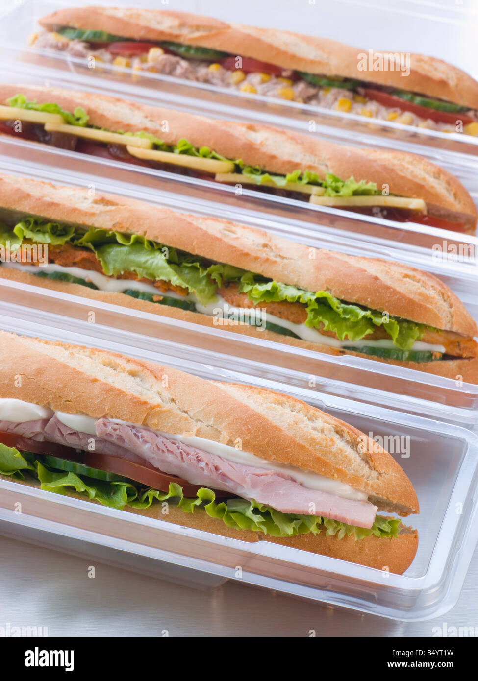 Selection Of Baguettes In Plastic Packaging Stock Photo