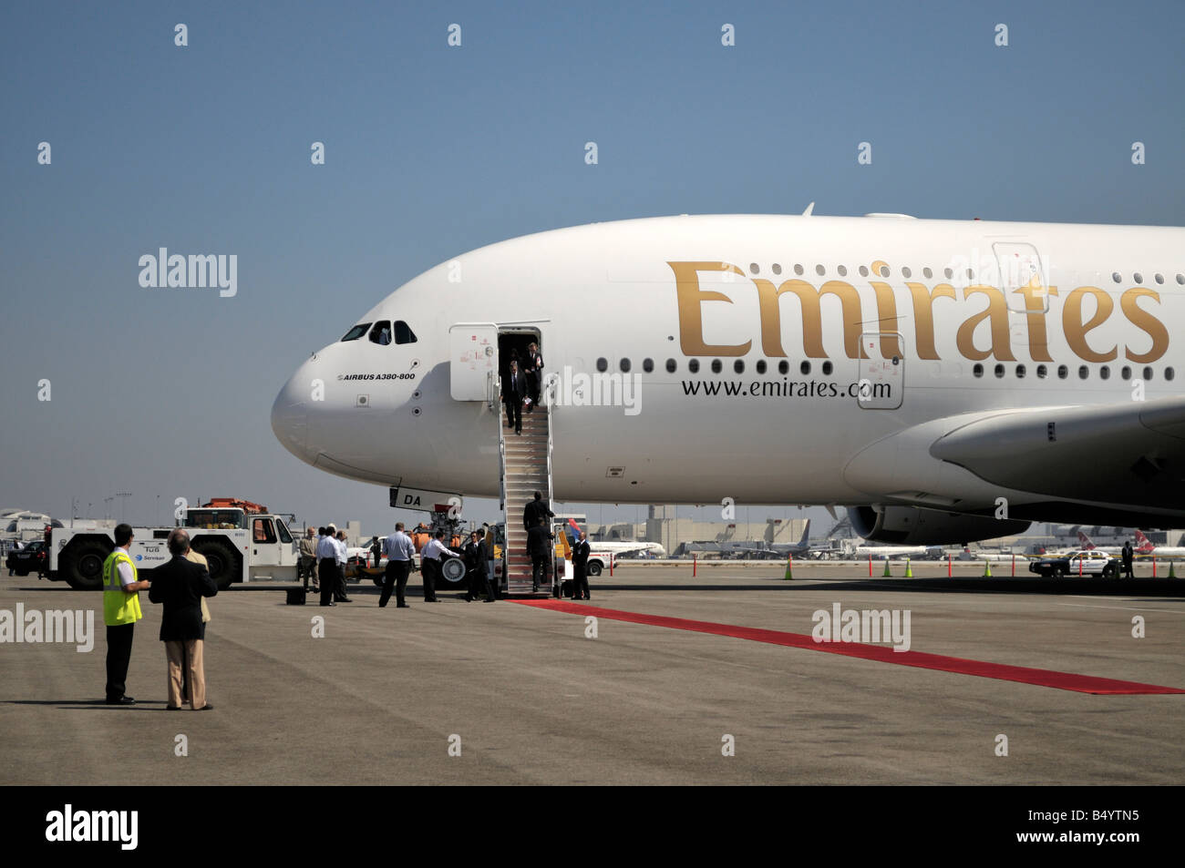 Emirates A380 Airbus super jumbo jet parked on the tarmac near the Flight Path Museum on the southern runways of LAX Stock Photo