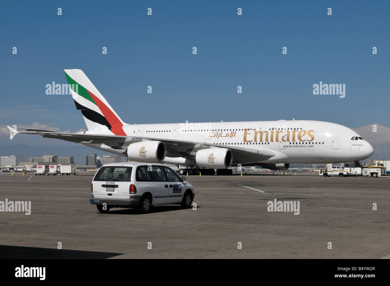 Emirates A380 Airbus super jumbo jet parked on the tarmac near the Flight Path Museum at LAX Stock Photo