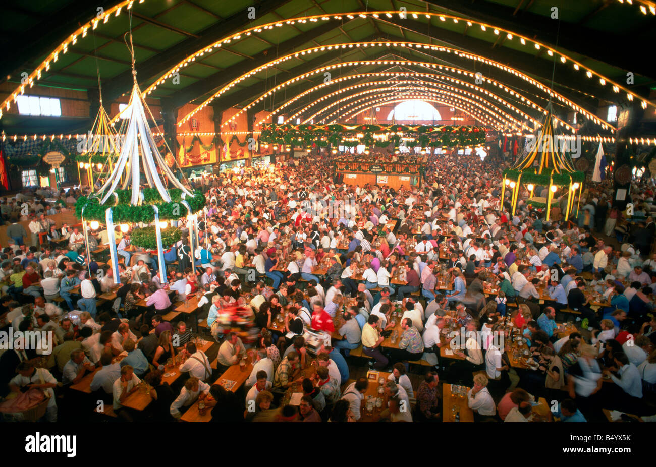 Oktoberfest inside beer tent in Munich Stock Photo