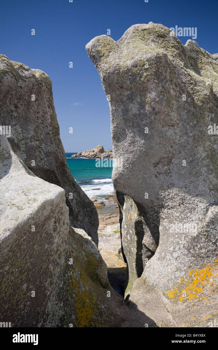 The granite rocky coast on the Lesconil area (Brittany - France). Côte rocheuse granitique sur la commune de Lesconil (France). Stock Photo