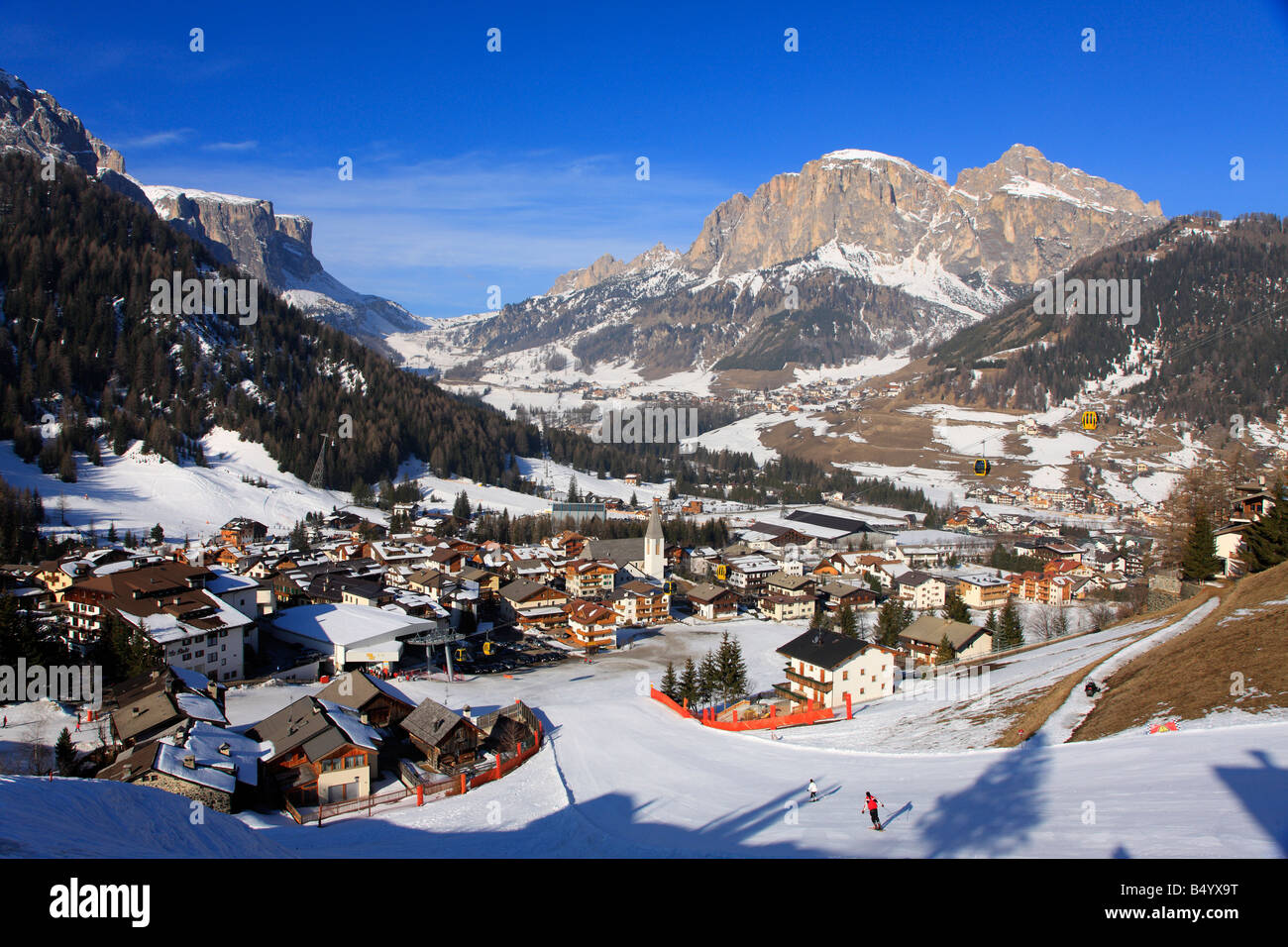 Village of Corvara in winter snow, Dolomites, Italy Stock Photo