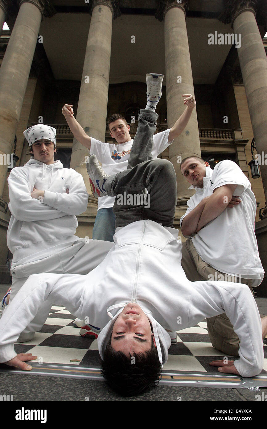 Newcastle based hip hop dance artists Bad Taste Cru will be performing on stage at the Theatre Royal as part of the Breakin Conventions Hip Hop Dance Theatre Festival Pictured L R Connor O Kane Daire Wallace Darren O Kane and Robert Graham Stock Photo