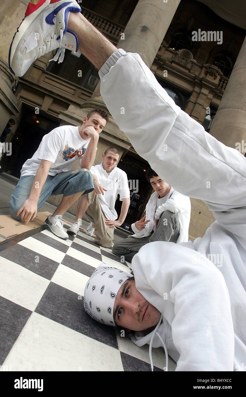 Newcastle based hip hop dance artists Bad Taste Cru will be performing on stage at the Theatre Royal as part of the Breakin Conventions Hip Hop Dance Theatre Festival Pictured L R Connor O Kane Robert Graham Daire Wallace and Darren O Kane Stock Photo