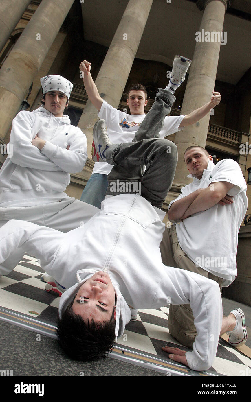 Newcastle based hip hop dance artists Bad Taste Cru will be performing on stage at the Theatre Royal as part of the Breakin Conventions Hip Hop Dance Theatre Festival Pictured L R Connor O Kane Daire Wallace Darren O Kane and Robert Graham Stock Photo