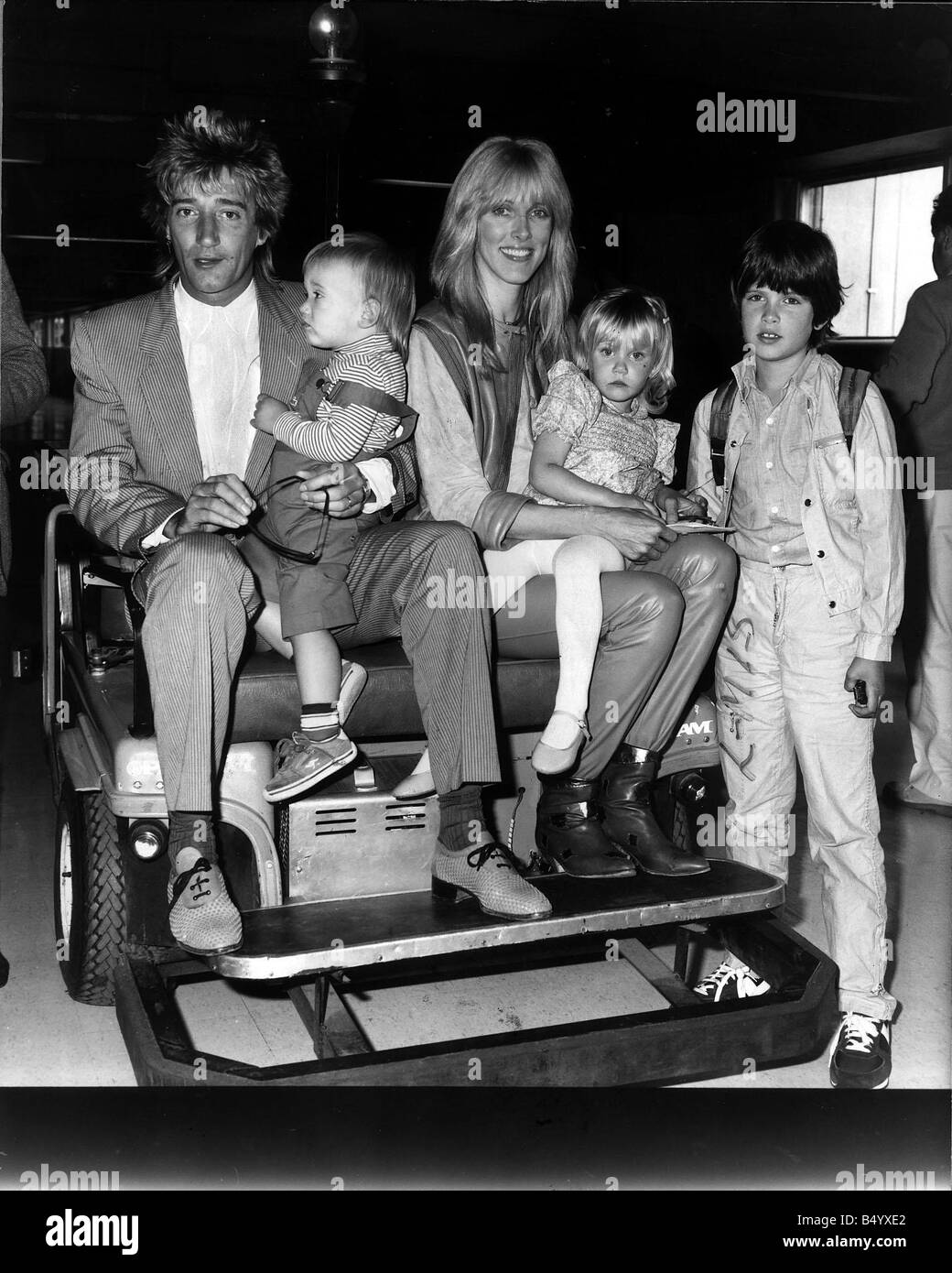 Rod Stewart May 1982 Singer Pictured with Family American Born Wife Alana Hamilton and their three children Ashley Hamilton father George Hamilton Sean Stewart and Kimberly Stewart Stock Photo