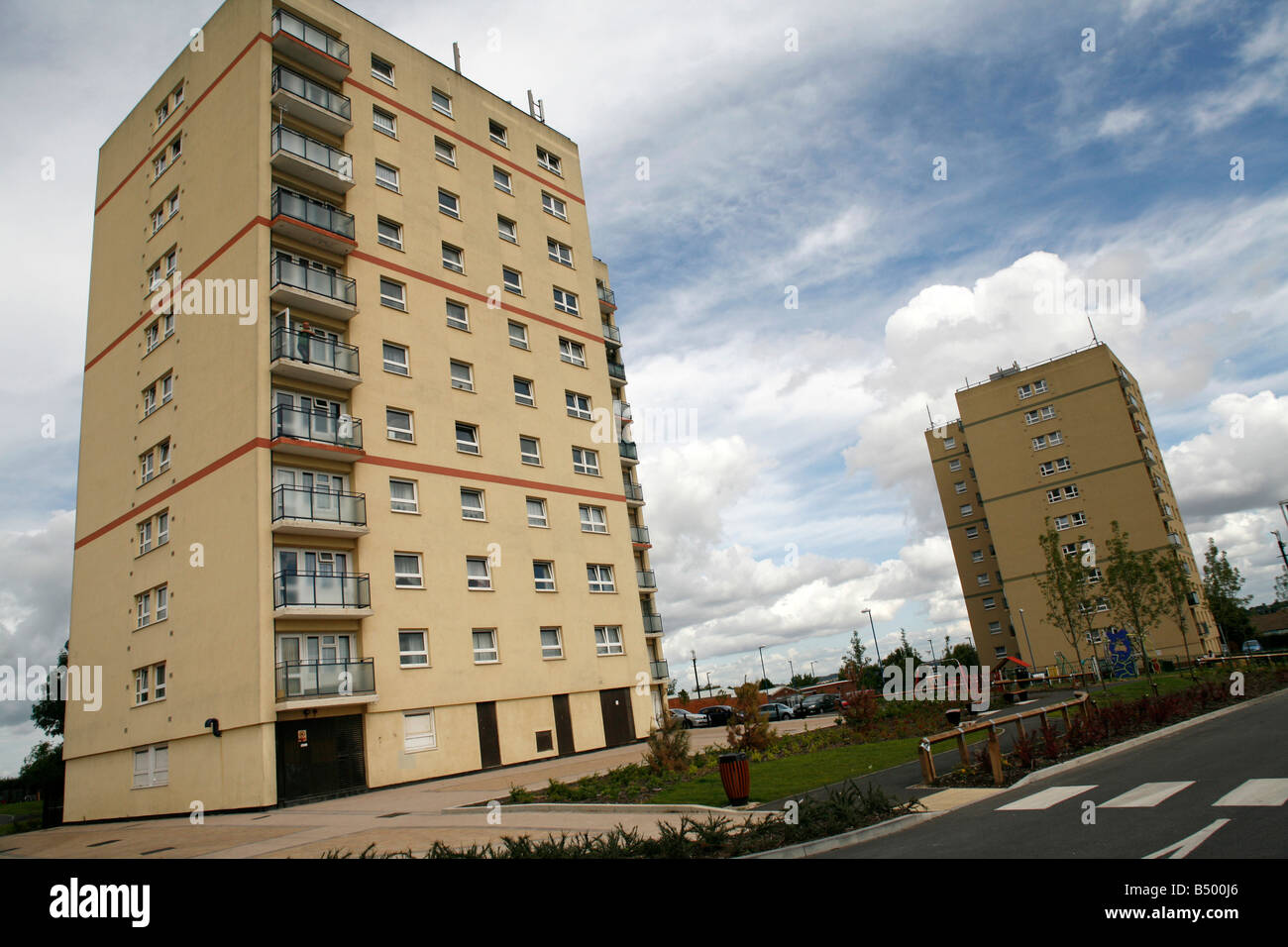 2 high rise flats on a council estate in Bristol Stock Photo
