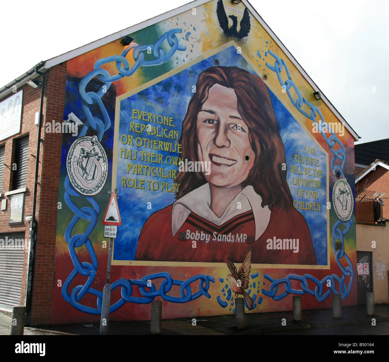 Close up of the Bobby Sands mural on the side of the Sinn Fein head office on the Falls Road, Belfast. Stock Photo