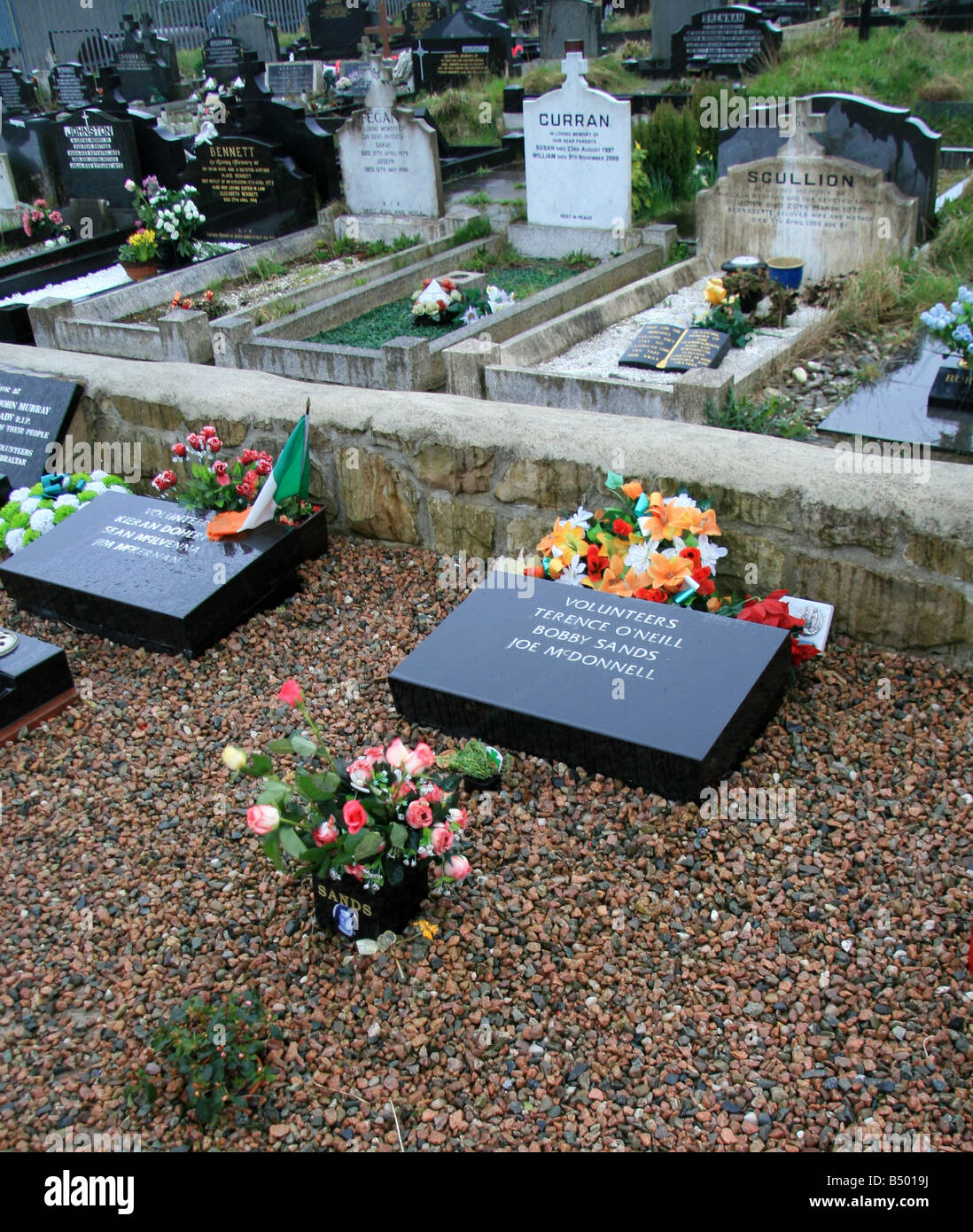 Grave of Bobby Sands MP, a hunger striker, in the Republican Plot at the Catholic Milltown Cemetery, Falls Road, Belfast. Stock Photo