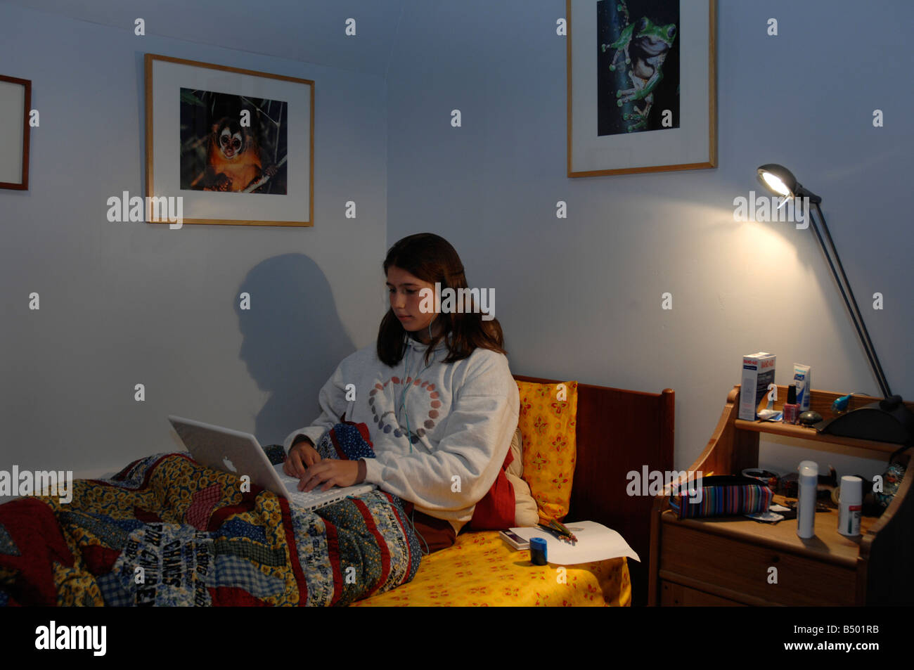 10 4 16 year old girl surfs the web in her bedroom Stock Photo
