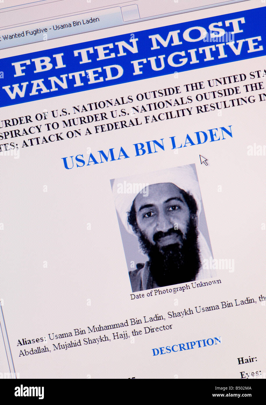 Macro screenshot of FBI Most Wanted website featuring Usama Bin Laden