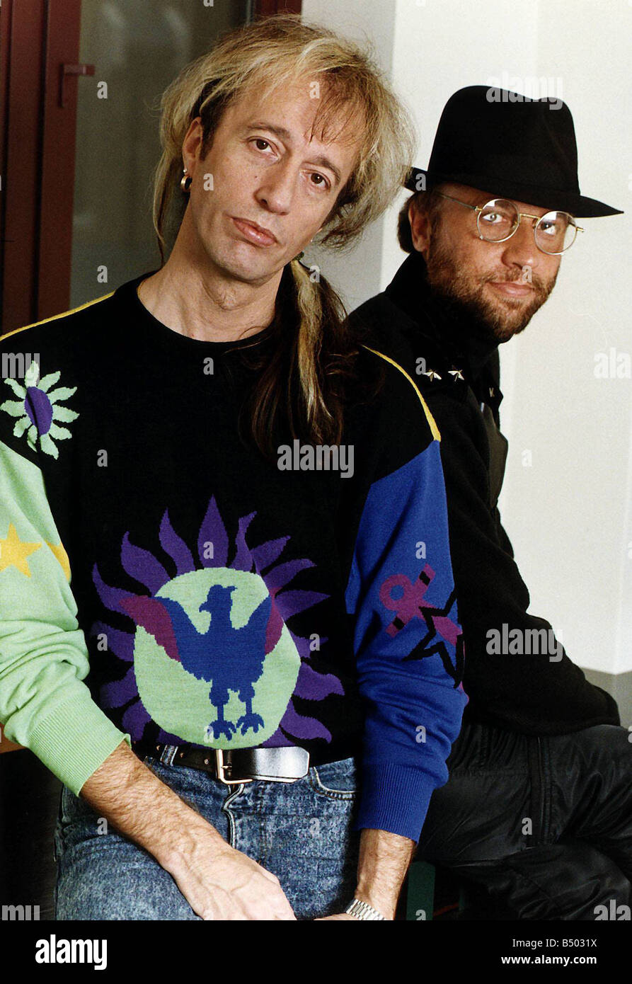 Bee Gees Pop Group members brothers Maurice Gibb Robin Gibb Stock Photo