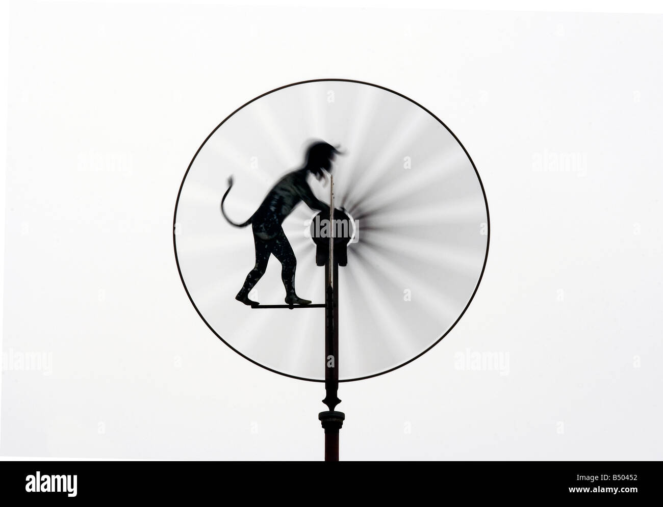 Detail of the wind wheel anemometer with small figure of the devil on the move Stock Photo