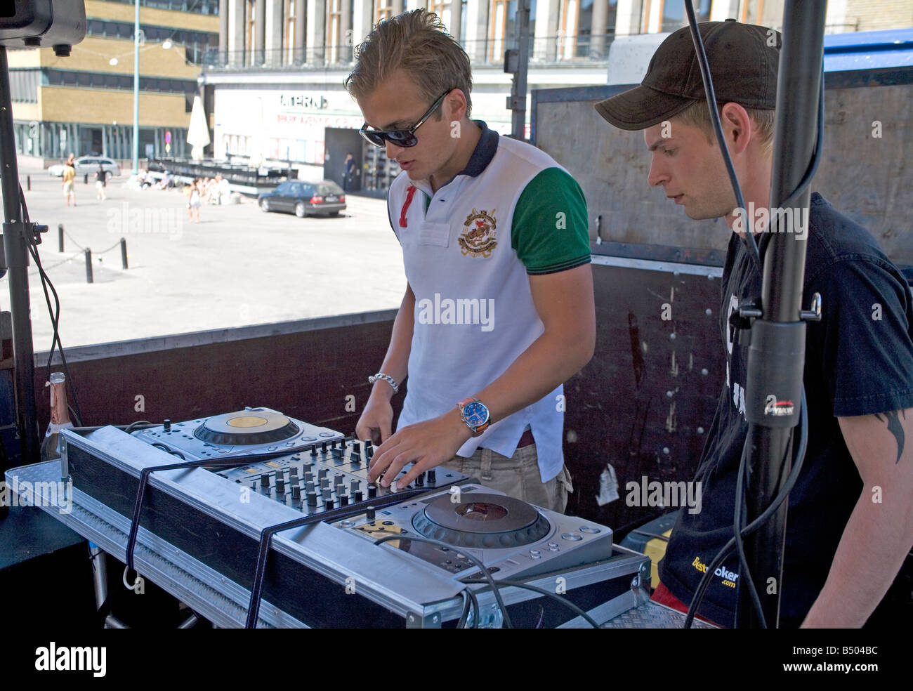 Sound technicians working on an open event During hi school graduation in Gothenburg Sweden