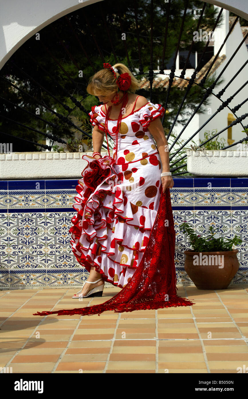 Beautiful Blond Middle Aged Spanish Woman In Traditional Costume Andalucia Hi Res Stock
