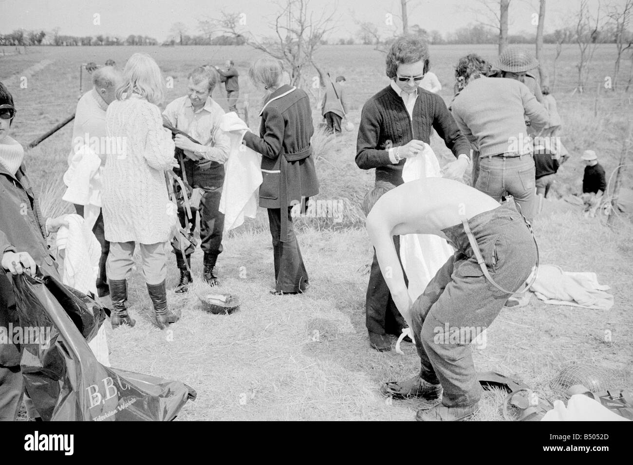 Dads Army ;Actor Ian Lavender as Pike Front James Beck as Private Walker and Clive Dunn as Corporal Jones, dry off in the BBC TV series Dads Army seen filming on location in Thetford Norfolk.;The cast were filming an assault course scene.;72 4866;©DM Stock Photo