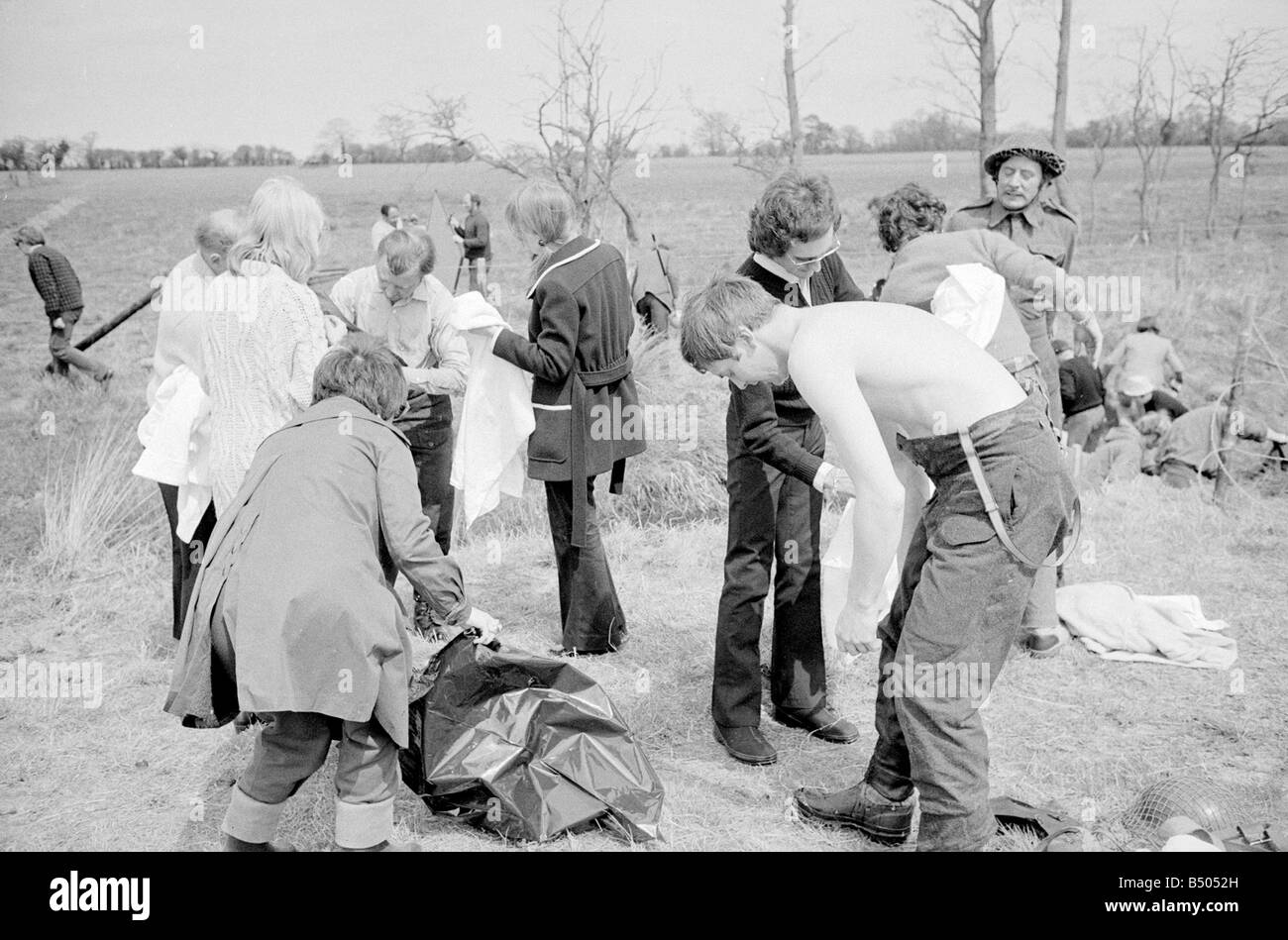 Dads Army ;Actor Ian Lavender as Pike and James Beck as Private Walker and Clive Dunn as Corporal Jones, dry off in the BBC TV series Dads Army seen filming on location in Thetford Norfolk.;The cast were filming an assault course scene.;72 4866;©DM Stock Photo