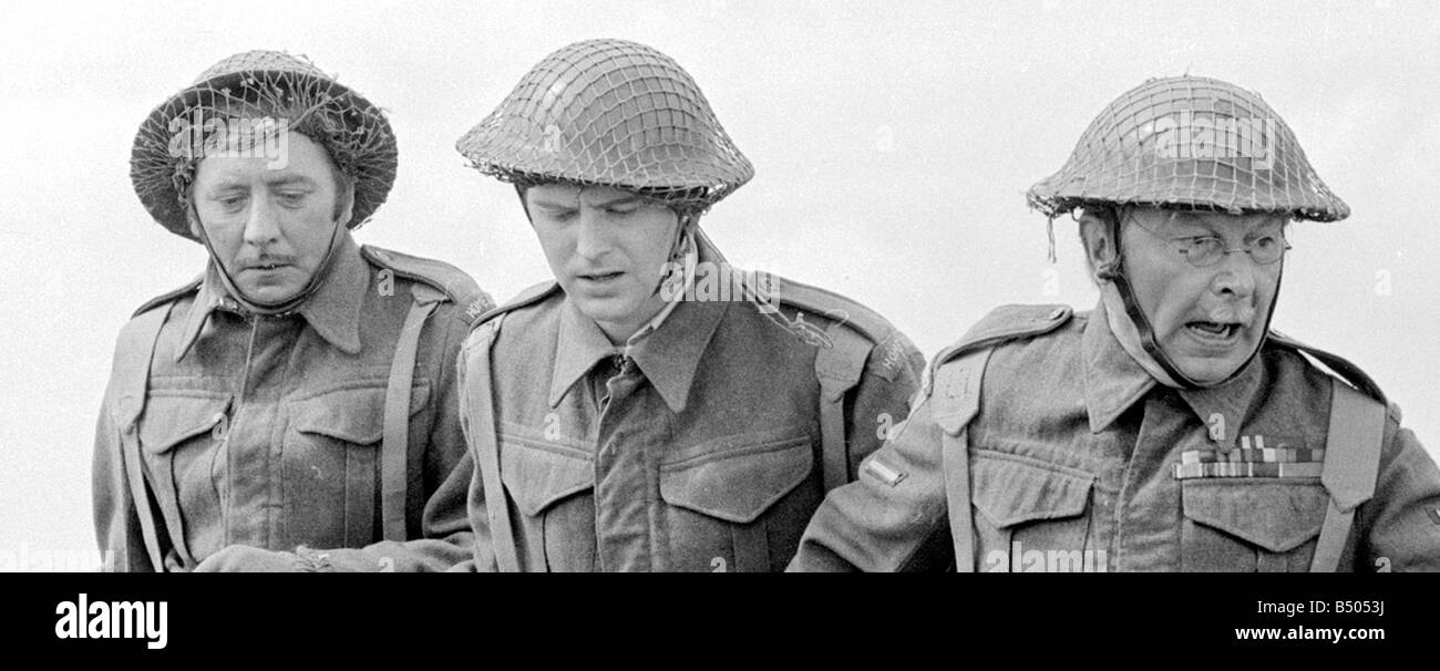 Dads Army ;Actor Clive Dunn who plays Corporal Jones right to left Ian  Lavender as pike , James Beck as Private Walker in the BBC TV series Dads  Army seen filming on