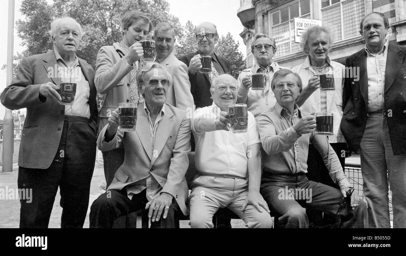 Dads Army The Play ;Back Row l - r Arnold Ridley, Ian Lavender, Frank Williams, Edward Sinclair, Hamish Roughhead and John Bardon;Front Row l - r John Le Mesurier Arthur Lowe and Clive Dunn;enjoy a pint before the start of their west end run of Dads Army ;Charles Ley ;75 4489;©DM Stock Photo