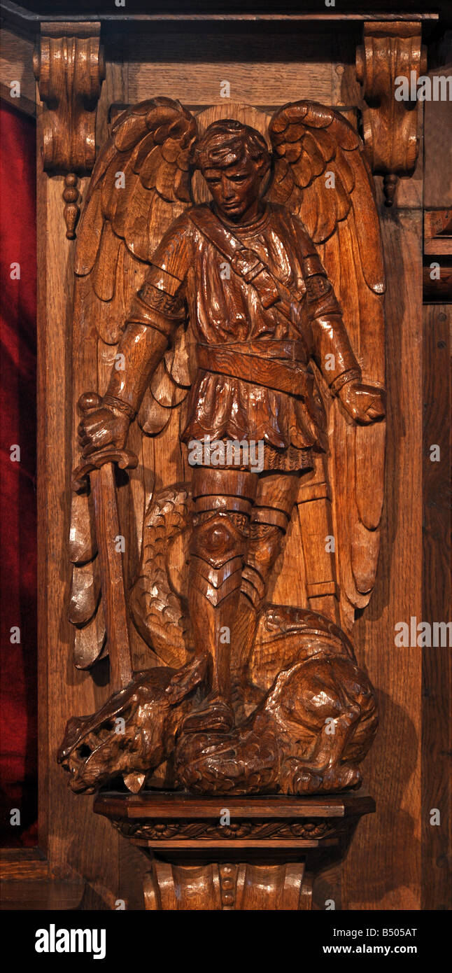 Saint Michael statue. Wooden carving. Church of Saint Mary and Saint