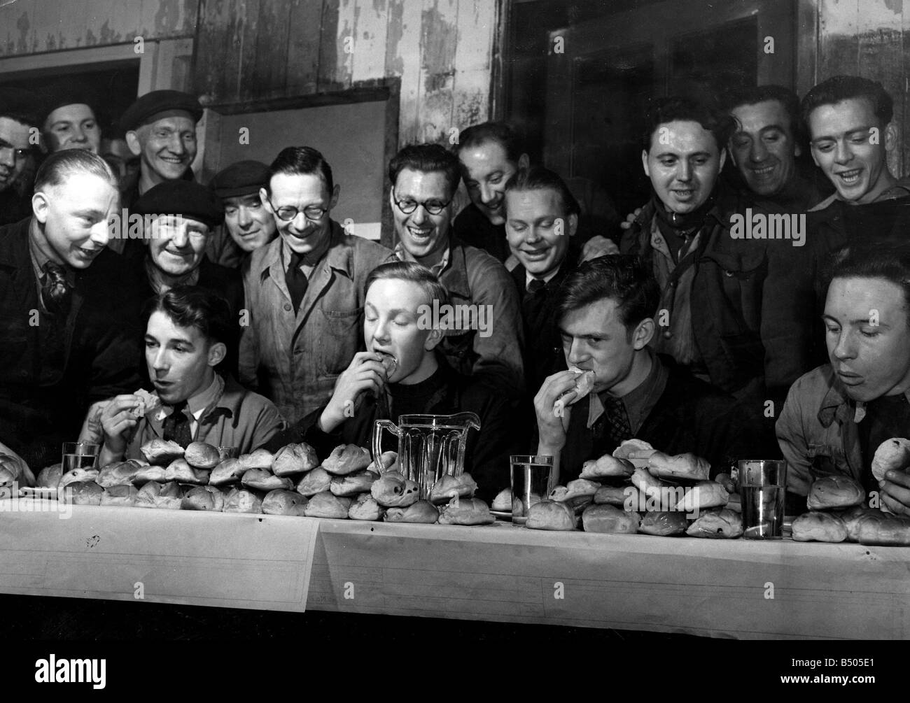 Easter 1951;Four contestants in the annual hot cross bun eating