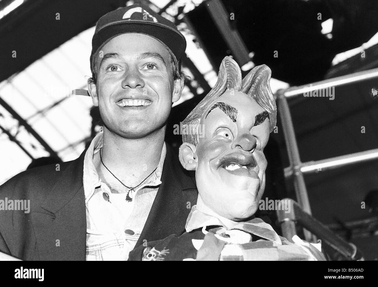 Jason Donovan actor and singer holds Spitting Image Puppet Stock Photo